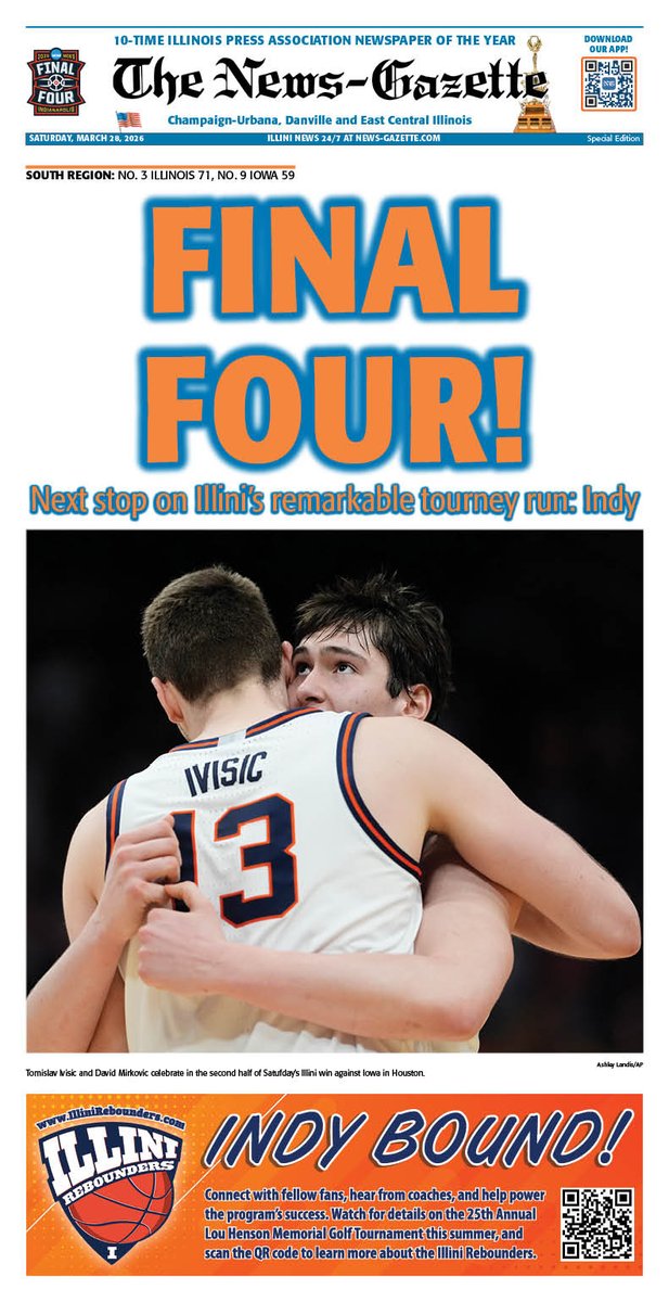 news_gazette's tweet photo. HOT OFF THE PRESS

#Illini punch ticket to Final Four https://t.co/BvCI9z6SAP