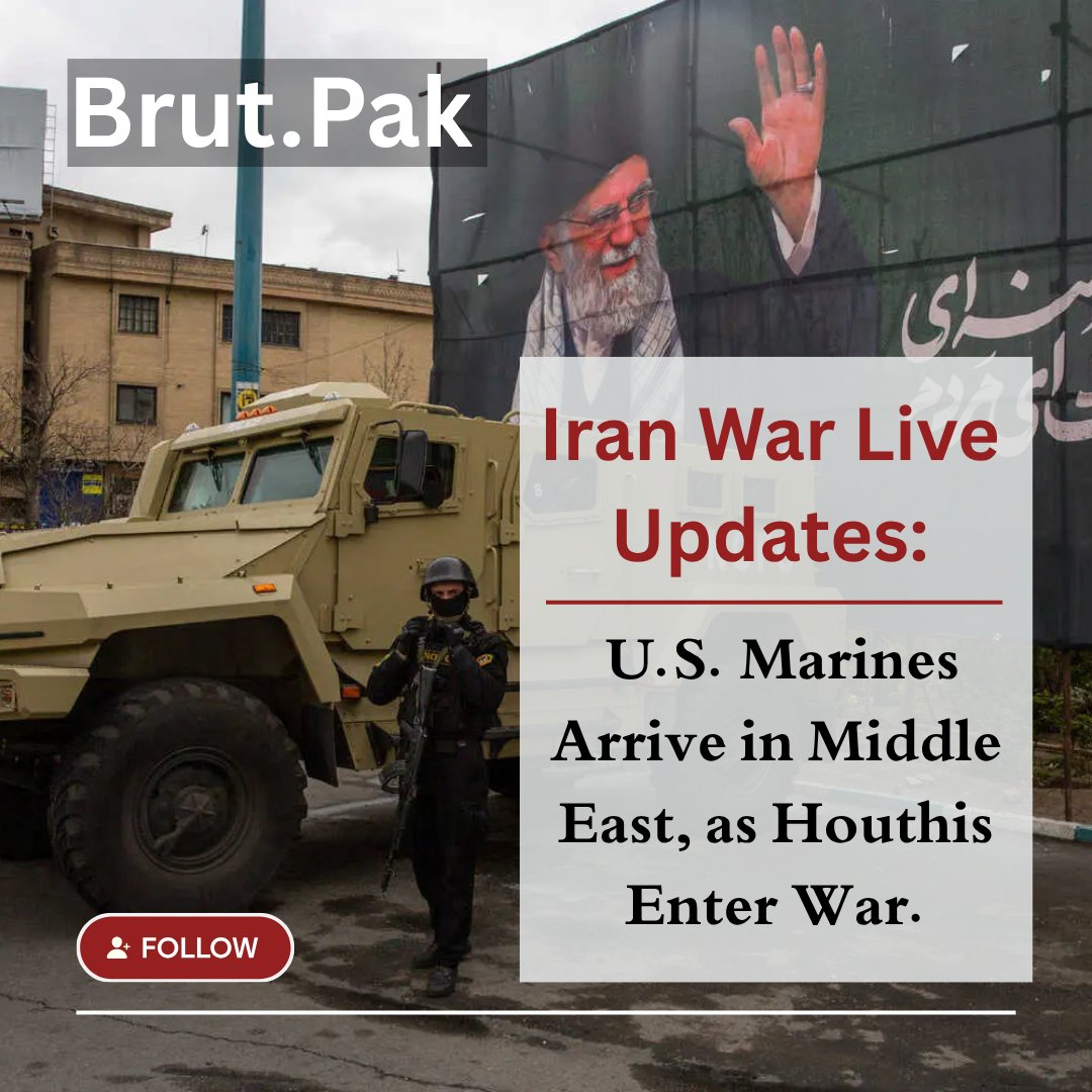 BrutPakOfficial's tweet photo. Escalation in the Middle East as U.S. Marines arrive and Iran-backed Houthis enter the war, launching attacks and widening the conflict across the region. Tensions rise with growing fears of a broader regional crisis and global impact.

#iranwar #middleeast #breakingnews #warupdates #usmarines #houthis #geopolitics #globalconflict #worldnews #tensions #defense #newsupdate #brutpak