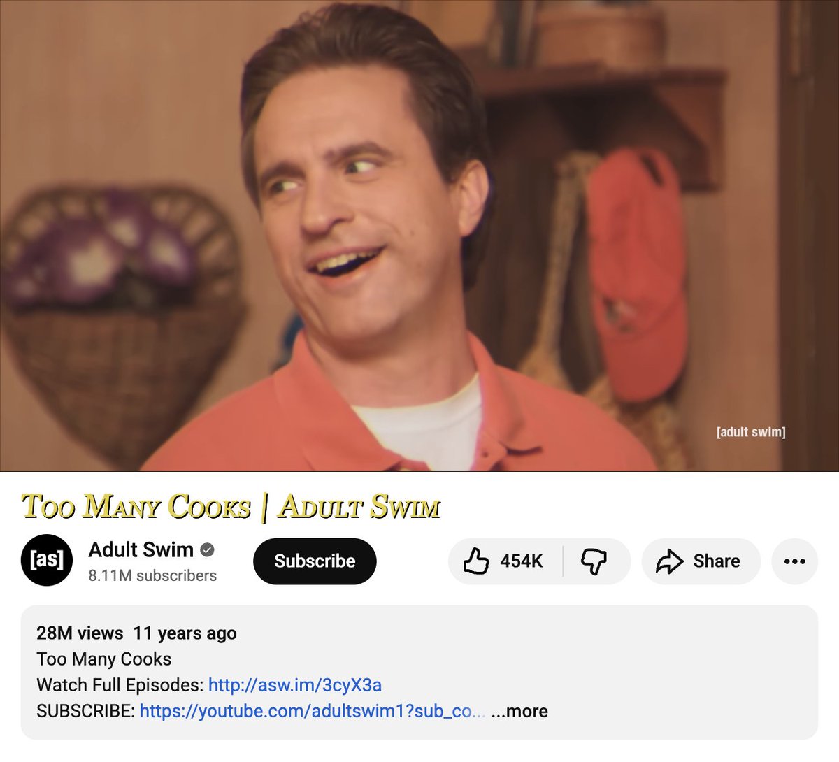 stevensalka's tweet photo. Has anyone ever figured out why/how the title for Too Many Cooks on YouTube has a custom font and color? Like, what's up with that?

If that's some secret feature flag, I want in 

https://t.co/ekIySGzg8H https://t.co/BYwLFfKn9D