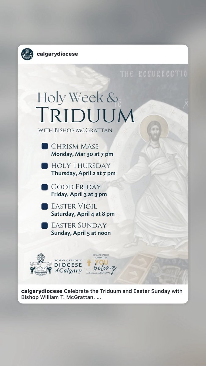 calgarydiocese's tweet photo. Celebrate the Triduum and Easter Sunday with Bishop McGrattan.

#Catholicyyc https://t.co/rIZCPoqXUV