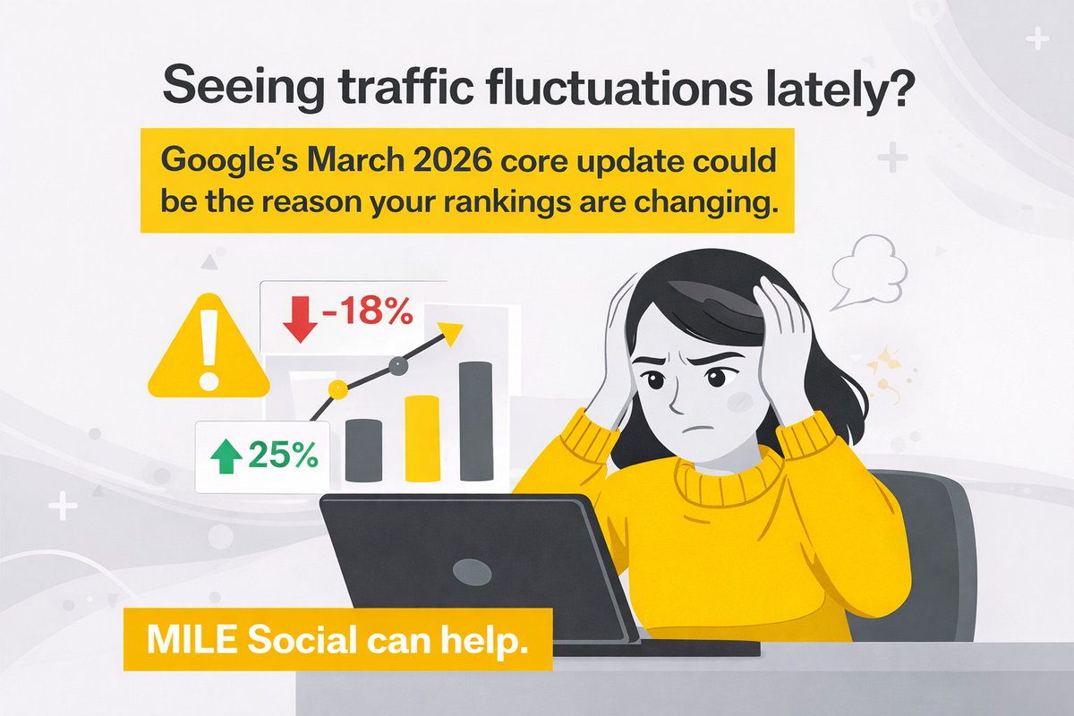 MILE_Social's tweet photo. Seeing traffic fluctuations lately? Google’s March 2026 core update can shift which pages rank based on usefulness, clarity, &amp; user experience. MILE Social helps businesses strengthen the pages that drive leads &amp; revenue so they stay competitive long term. https://t.co/IpdulWgBlH https://t.co/miCY2eXMli