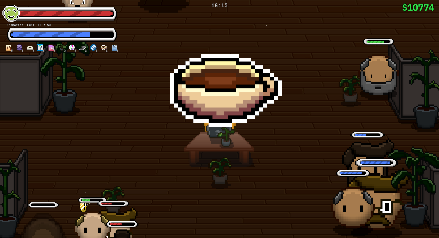 IronDiamondGame's tweet photo. For #ScreenshotSaturday here's a new weapon I added to Tech Survivor (my satirical take on Vampire Survivor). 

Coffee! Because at first you use coffee for a boost, and then the coffee becomes your lifeblood.

#indiedev #indiegame #gamedev https://t.co/pB7UtkAqOu