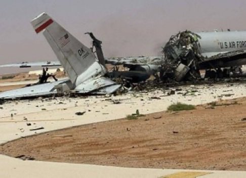TheNavroopSingh's tweet photo. Photos have surfaced showing extensive damage to US Air Force E-3 Sentry #AE11EA 81-0005 following the drone and missile attack at Prince Sultan Air Base yesterday that also damaged several KC-135s. https://t.co/0O4CK2kD5y