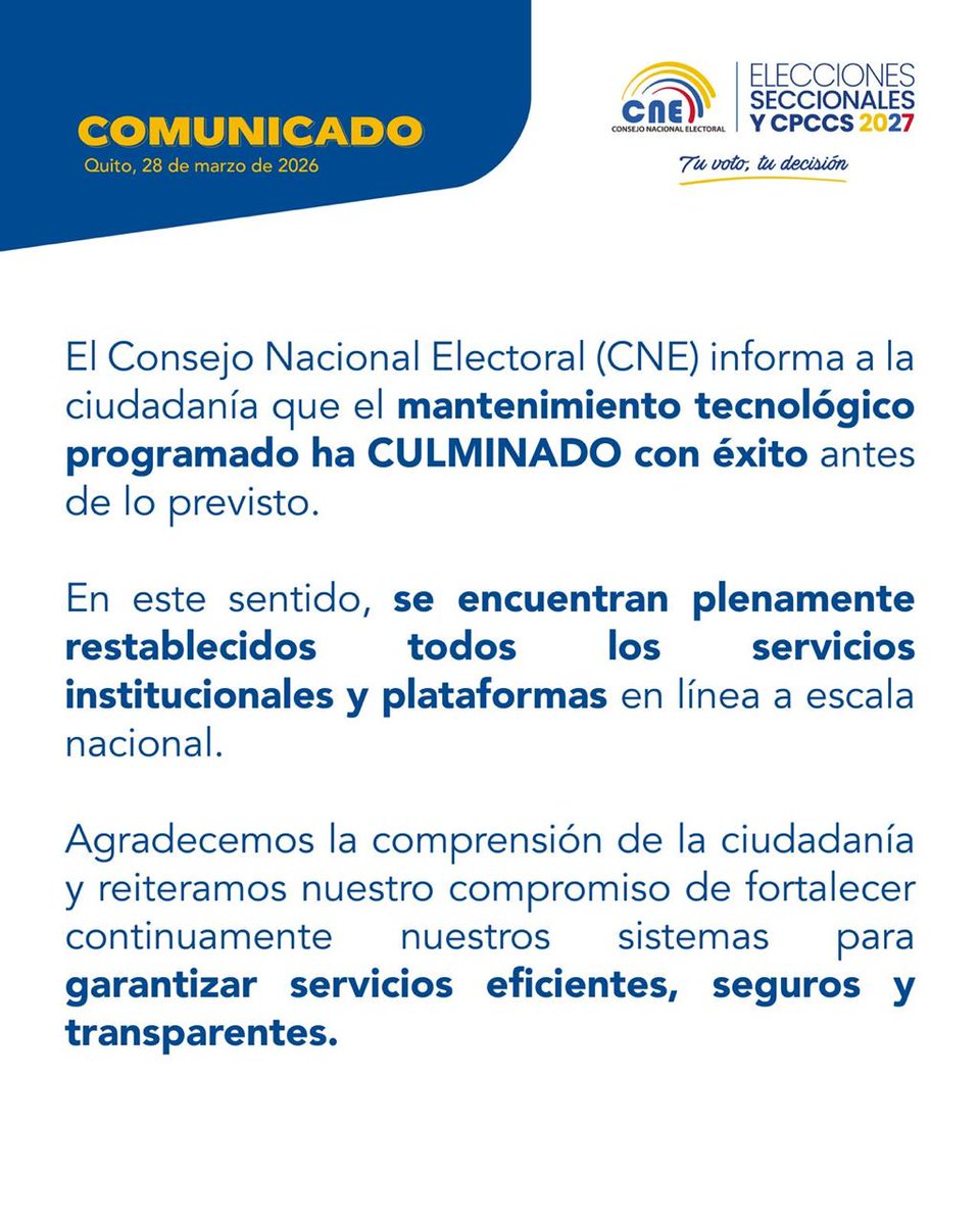 ATENCIÓN 📌 | Informamos que el mantenimiento tecnológico programado concluyó con éxito antes de lo previsto, por lo que los servicios y plataformas institucionales ya se encuentran restablecidos a escala nacional.

#CNEInforma