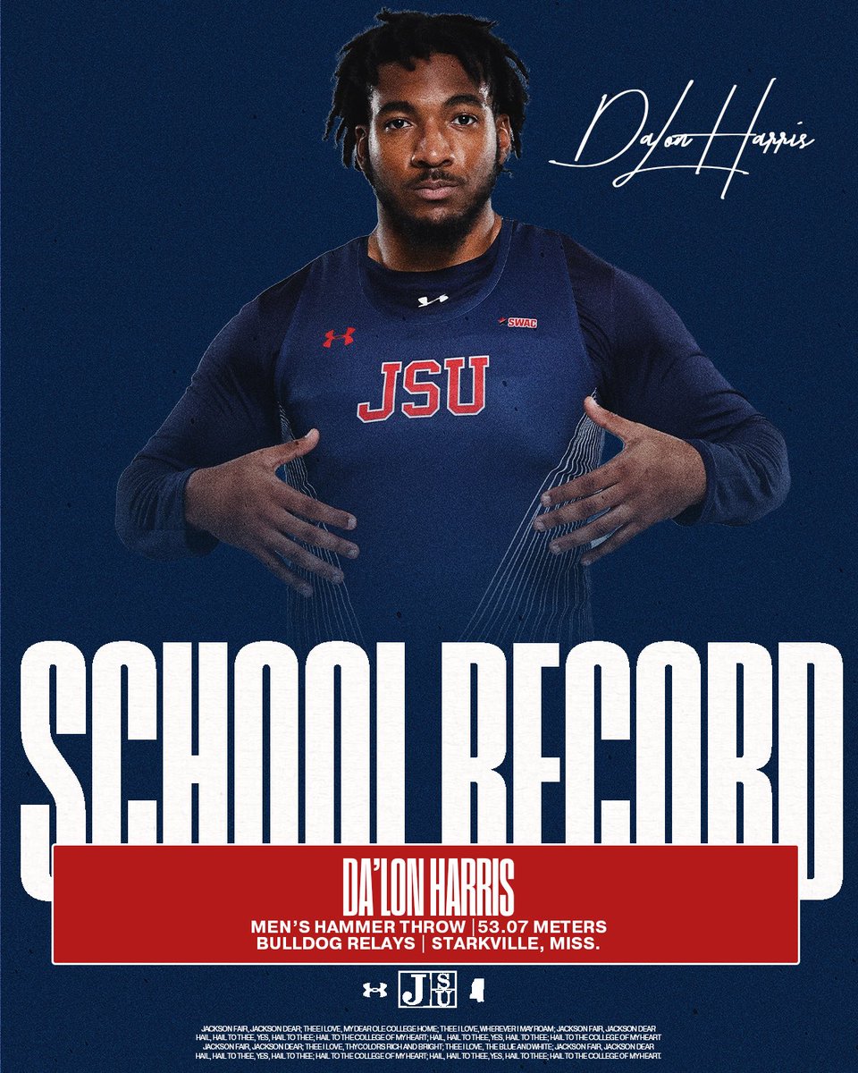 GoJSUTigersXCTF's tweet photo. 🚨New School Record Alert🚨

Da’Lon Harris broke the JSU program record for hammer throw with a final throw of 53.07 meters at the Bulldog Relays‼️

#TheeILove | #WeWorkHard | #GoJSUTigersTF https://t.co/kTQnTksMFj