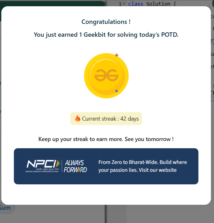 NareshPraj97599's tweet photo. 42POTD Challenge Completed on GeeksforGeeks! Current Streak: 42Day Earned: 1 Geekbit #NPCI #geekstreak60 #geeksforgeeks #POTD https://t.co/KMrZnulFiw