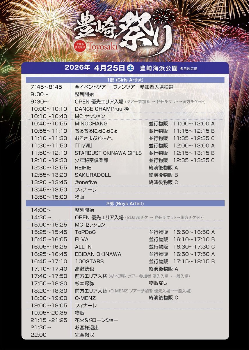 Girls_Groove_'s tweet photo. 🌺豊崎祭2026 チケット情報🌺
4/25(土)26(日)開催の豊崎祭り2026
ゆいまーるステージのLiveイベントでの
「前方エリアチケット」の抽選受付は
⚠️本日【3/29(日)23:59】で締切となります。
🎫 https://t.co/OcCtB4gJBN🎟️
まだの方はお早めにお忘れなく❗️

綺麗な海🏖️と最高の音楽🎤と絶品グルメ🍖
その全てを推しと共にお楽しみください☀️

『前方エリア抽選チケット』
受付期間:3/27(金)22時〜3/29(日)23:59
・4/25 4/26 各日 ¥8,000 
　 (GIRLS or BOYS block 優先⼊場付) 

『沖縄県民特別前方チケット』
抽選販���: 4/3(金)22:00~4/5(日)23:59
・4/25 4/26　各日¥3,000
　※枚数限定での抽選販売。

『一般先着チケット』
販売開始:4/3(金)22時〜
・4/25 4/26 各日⼀般前方チケット ¥8,000
　 (GIRLS or block 優先⼊場)  

・4/25 4/26 各日⼀般後方チケット ¥3,000
　(整理番号順入場)
全エリアスタンディング

⼊場順：ツアー参加者 → 前⽅エリア → 後⽅エリア → 当⽇券
※杉本琢弥、O-MENZの公演前はツアー参加者優先入場となります。
※沖縄県⺠は当日⾝分証確認で後⽅エリア無料入場可
※⼩学⽣以下(U12)は無料
※物販/特典会はリストバンドを持っている⽅のみ参加可能

【🎤ゆいまーるステージ🎙️】
メインMC
・大倉士門 ＠shimonsmile 

Girl's Artist
・MINOCHANG @MINOCHANG0509 
・REIRIE @REIRIEofficial  ・SAKURADOLL @SAKURADOLL_JPN  ・STARDUST OKINAWA GIRLS @sd_okinawa
・えびちる @evichill_ppp 
・おこさまぷれ〜と。 @okopureofficial 
・ちるちるにょにょにょ @chill2nho3 
・少年秘密倶楽部 @syonen_sc 
・@onefive  @onefive_music  ・『TryⅦ』 @TryVII_official 

Boy's Artist
・杉本琢弥 ＠sgmttky_sw 
・高瀬統也 @Takasetoya 
・O-MENZ  @o_menz_official 
・ALL IN  @ALLIN_JPN 
・EBiDAN OKiNAWA @ebidan_okinawa 
・ELVA  @ELVA_STAFF 
・J.M小禄第一小隊 #JM小禄 
・ToPDoG @ToPDoG_official 
・TRENDZ @TRENDZ_JP 
・100STARS  @100stars_100 

#豊崎祭り #GGI2026 #イベントツアー #沖縄 #フェス #ファンツアー #豊見城市 ＃沖縄国際文化祭 ＃花火 ＃ドローンショー