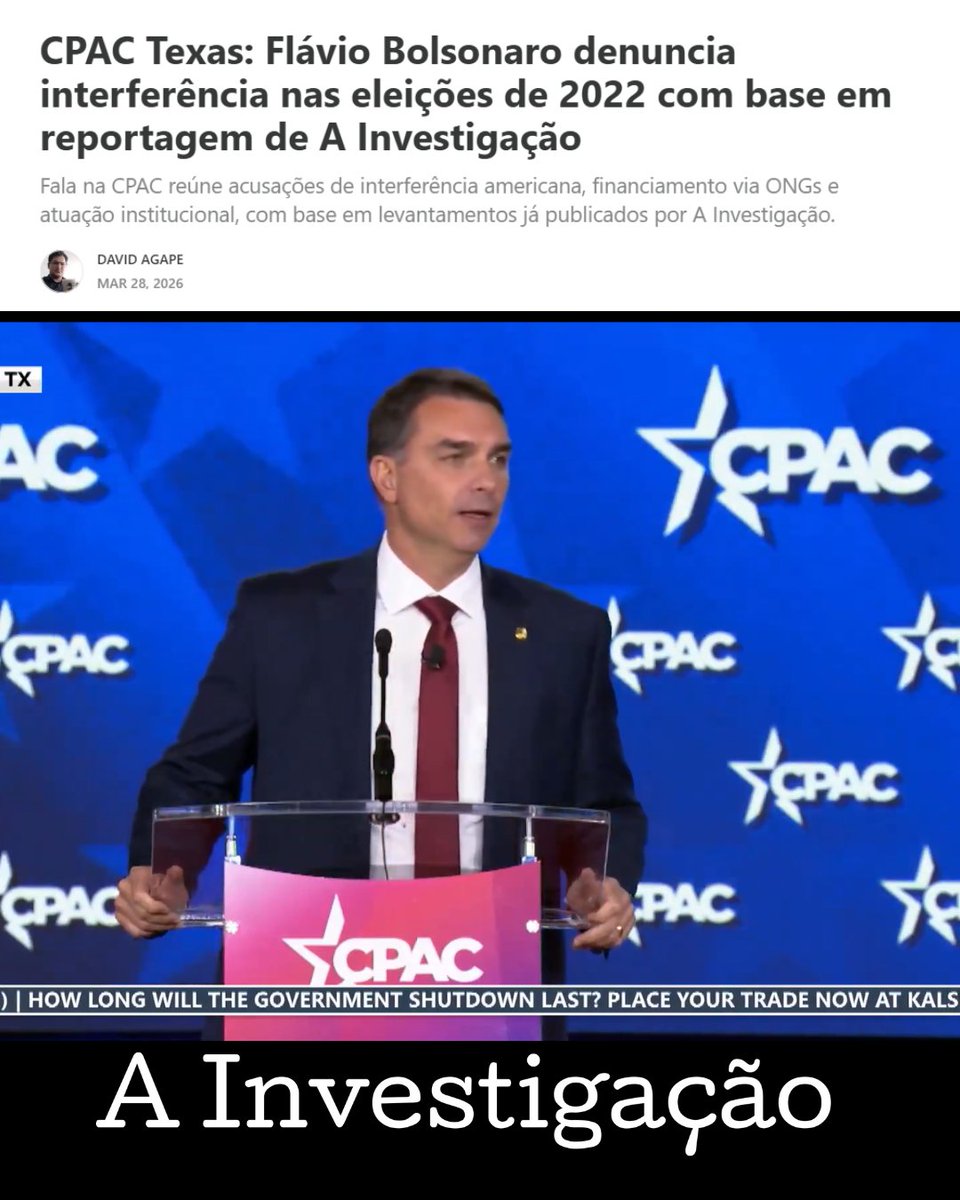 Na CPAC Texas, Flávio Bolsonaro denunciou que houve interferência dos EUA nas eleições de 2022 no Brasil. Discurso se baseou em reportagem de A Investigação que mapeou financiamento, pressão diplomática e atuação institucional americana no processo eleitoral brasileiro. 

A