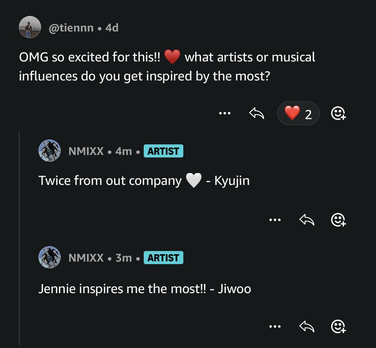 Artists who inspire NMIXX the most:

Kyujin: TWICE
Jiwoo: BLACKPINK’s Jennie