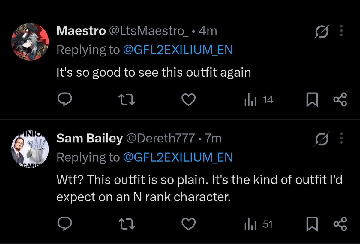 Dexter_X51's tweet photo. @GFL2EXILIUM_EN The duality of man. 🤣 I'll personally stick with the default one. For... reasons. 👀 https://t.co/d0QThYDVE8