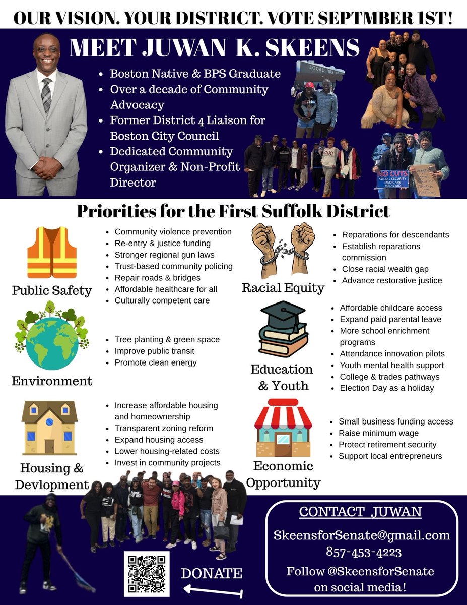 SkeensforSenate's tweet photo. 🚨 Our communities deserve FULL-TIME leadership. 🚨

I’m officially running for Massachusetts State Senate – First Suffolk District (2026) because our neighborhoods can’t afford leaders who show up part-time to full-time problems. #BosPoli #MaPoli https://t.co/nxBIFNxvMC