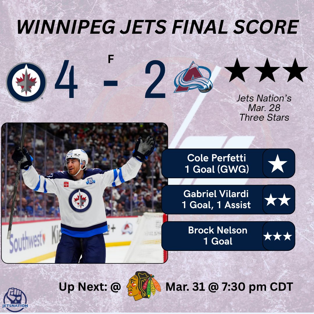 dfo_winnipeg's tweet photo. Tonight's three stars after the Jets pick up a massive two points against the league leading Avalanche to keep their playoff hopes alive!
Up next: @ Blackhawks, Mar. 31 @ 7:30 pm CT
#NHLJetsNation #GoJetsGo #NHLFinalScore https://t.co/IKXizrCo2l