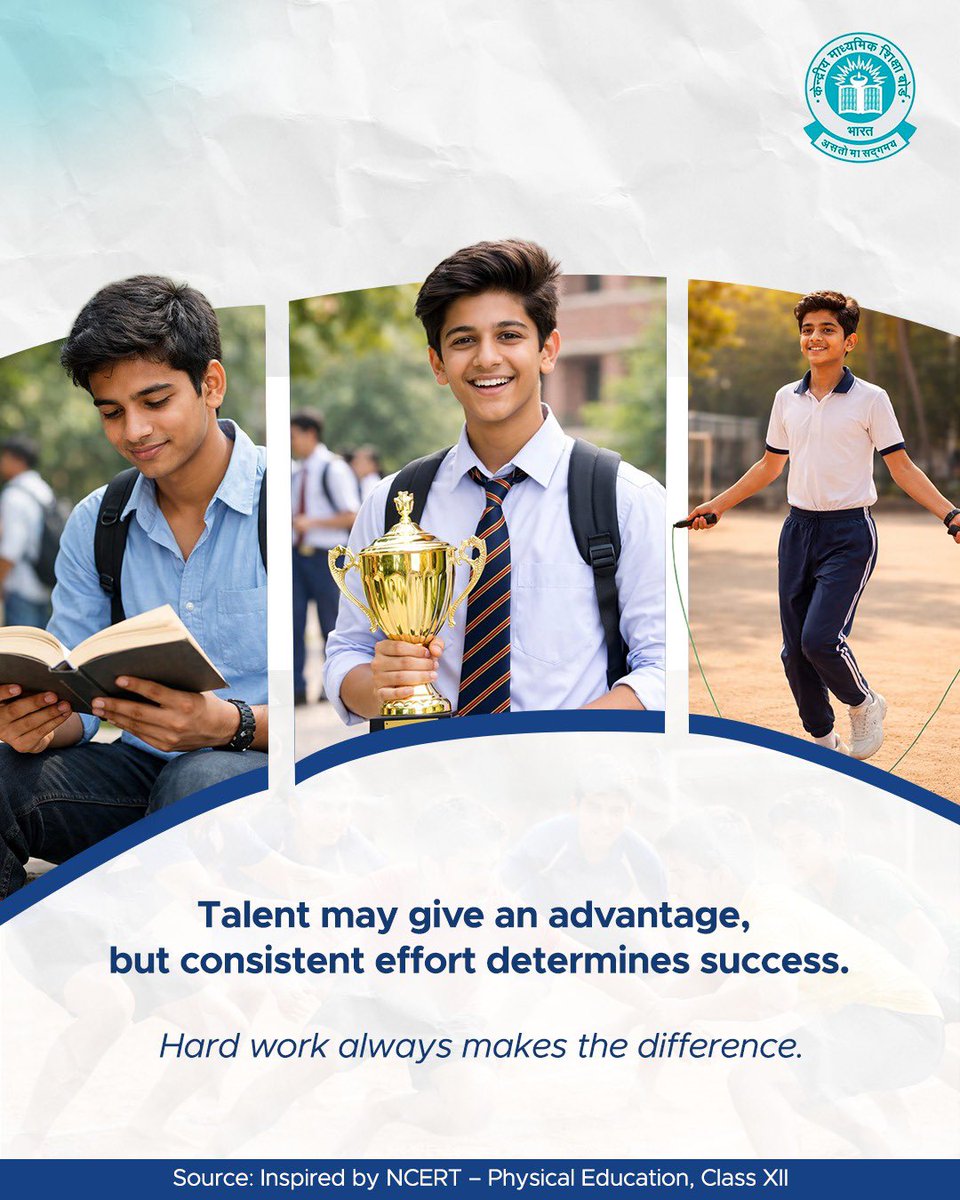 cbseindia29's tweet image. Books build mind.
Sports build spirit.
Consistency builds champions.

Encourage your child to grow beyond marks,because real success is shaped on the field too.

#CBSEGames 
#StudentLife #HolisticDevelopment #PlayAndLearn #FutureChampions