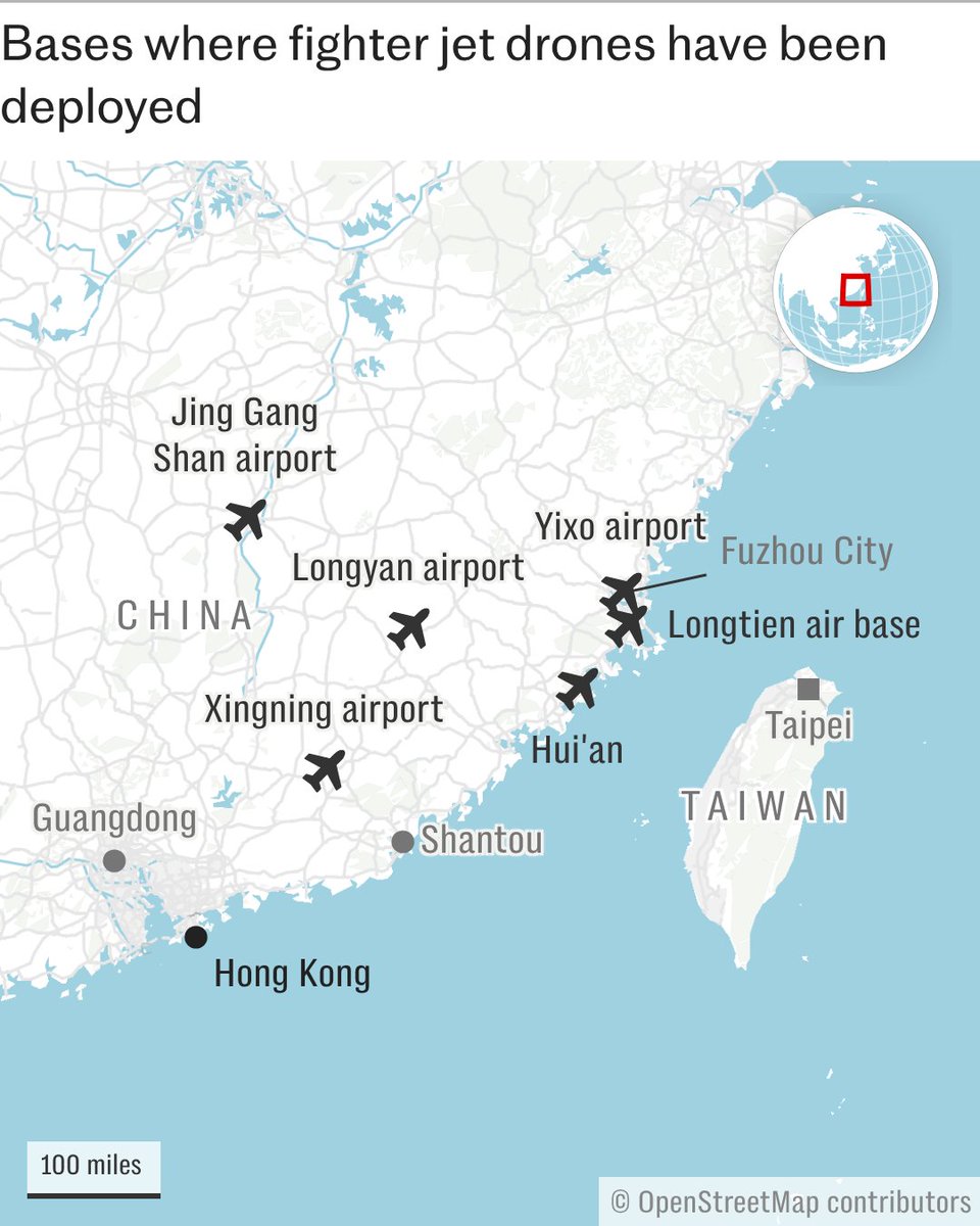 🔴  Satellite imagery shows China has assembled a fleet of attack drones converted from fighter jets a short distance from Taiwan.

🔗 telegraph.co.uk/world-news/202…
