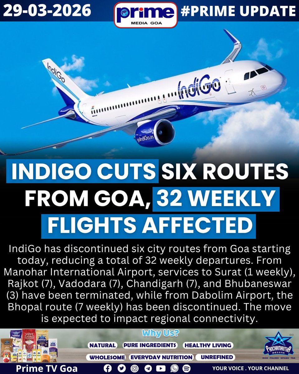 PrimeTVGoa's tweet image. IndiGo Cuts Six Routes from Goa, 32 Weekly Flights Affected

#IndiGo #GoaFlights #AviationNews #MopaAirport #Dabolim #FlightUpdate #GoaNews