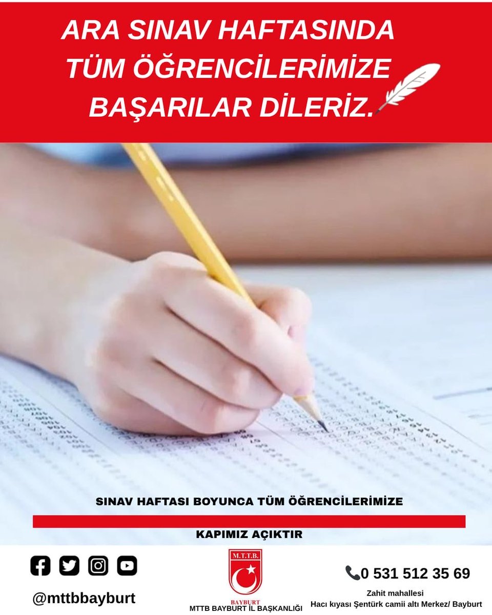 Sınavlarda tüm öğrencilerimize başarılar dileriz. 
Sınav haftası boyunca tüm öğrencilerimize kapımız açıktır. 

#MTTBBayburt
#Sınavhaftası
#BayburtÜniversitesi 
#Bahar2026 
#YarıyılSınavları