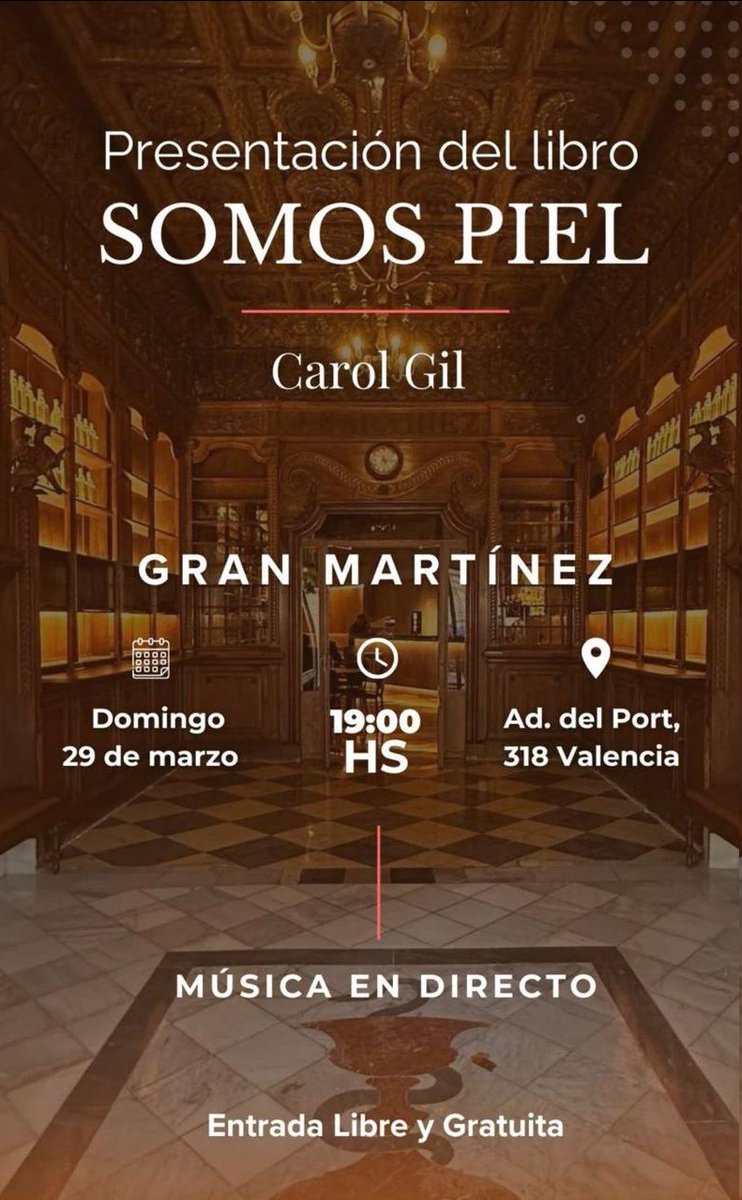 AguasLit_Ed's tweet photo. 📚 Hoy tenemos un nuevo evento para el libro SOMOS PIEL, de Carol Gil ¡Y estáis todos invitados!

🕖 19:00
📍 Gran Martínez (Valencia)
Una tarde de literatura y encuentro con lectores amenizado con musica en directo.

Una plan estupendo para hoy.

Entrada libre y gratuita ;) https://t.co/7LMlqY4d3i