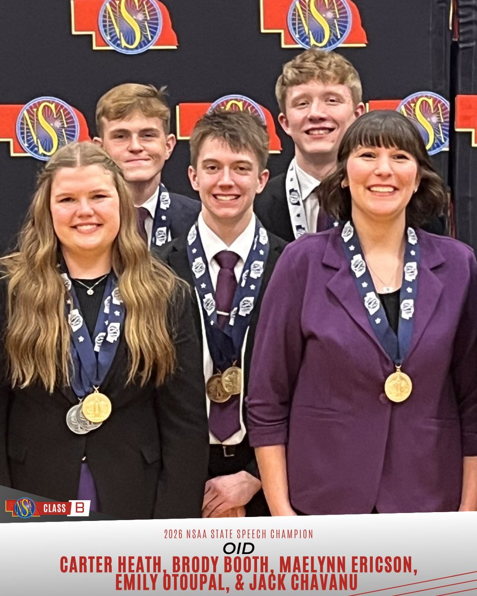 nsaahome's tweet photo. 🥇 Here are the individual champions from the 2026 Class B State Speech Events:

🔹 Duet: AIDAN BOHNERT &amp; COLBY RAULSTON (Wayne)
🔹 OID: CARTER HEATH, BRODY BOOTH, MAELYNN ERICSON, EMILY OTOUPAL, &amp; JACK CHAVANU (York) https://t.co/j6DNevX0OR
