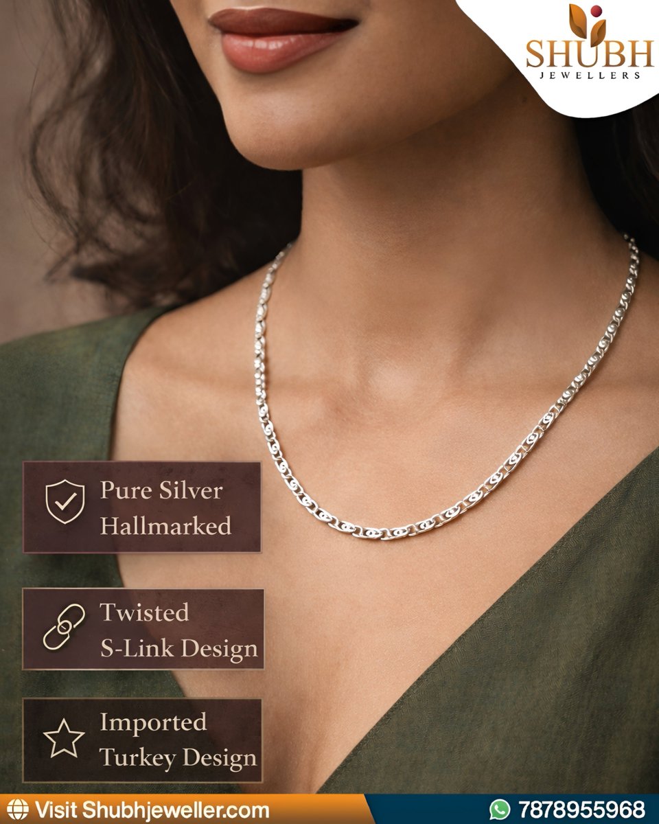ShubhJeweller's tweet image. Like a fluid stroke in motion, the twisted S links create a rhythm that feels alive and expressive.

Twisted S link design premium pure silver chain.

📩 DM us on WhatsApp: 7878955968
🛒 Order now: shubhjeweller.com

 #SleekStyle #UniqueLook #ShubhJeweller