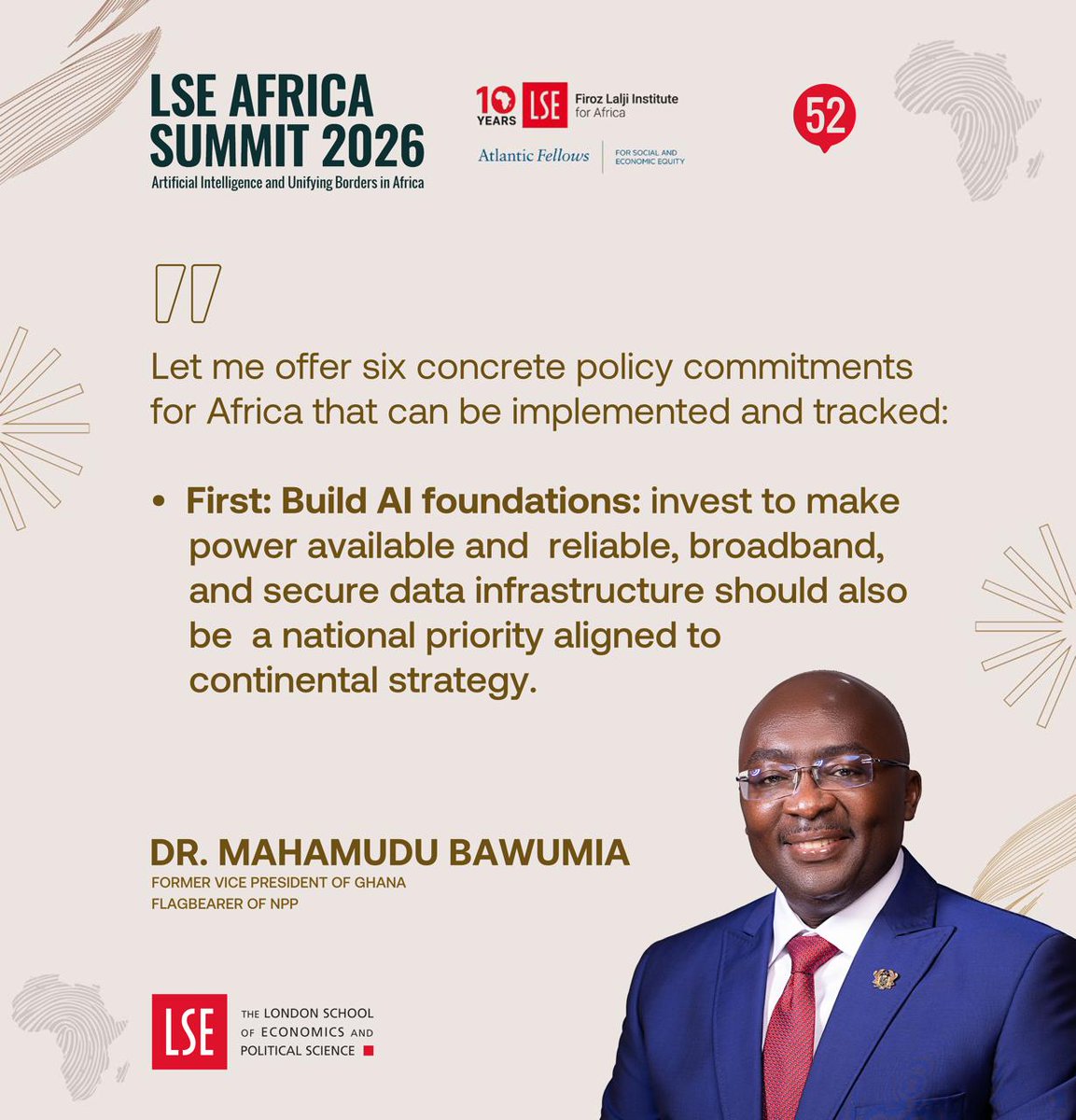 Excerpts from Dr. Bawumia's keynote address at the London School of Economics and Political Science (LSE) Africa Summit 2026, where he highlighted how Artificial Intelligence can break barriers, connect Africans, and drive a more united and prosperous Africa.
#LSEAfricaSummit2026