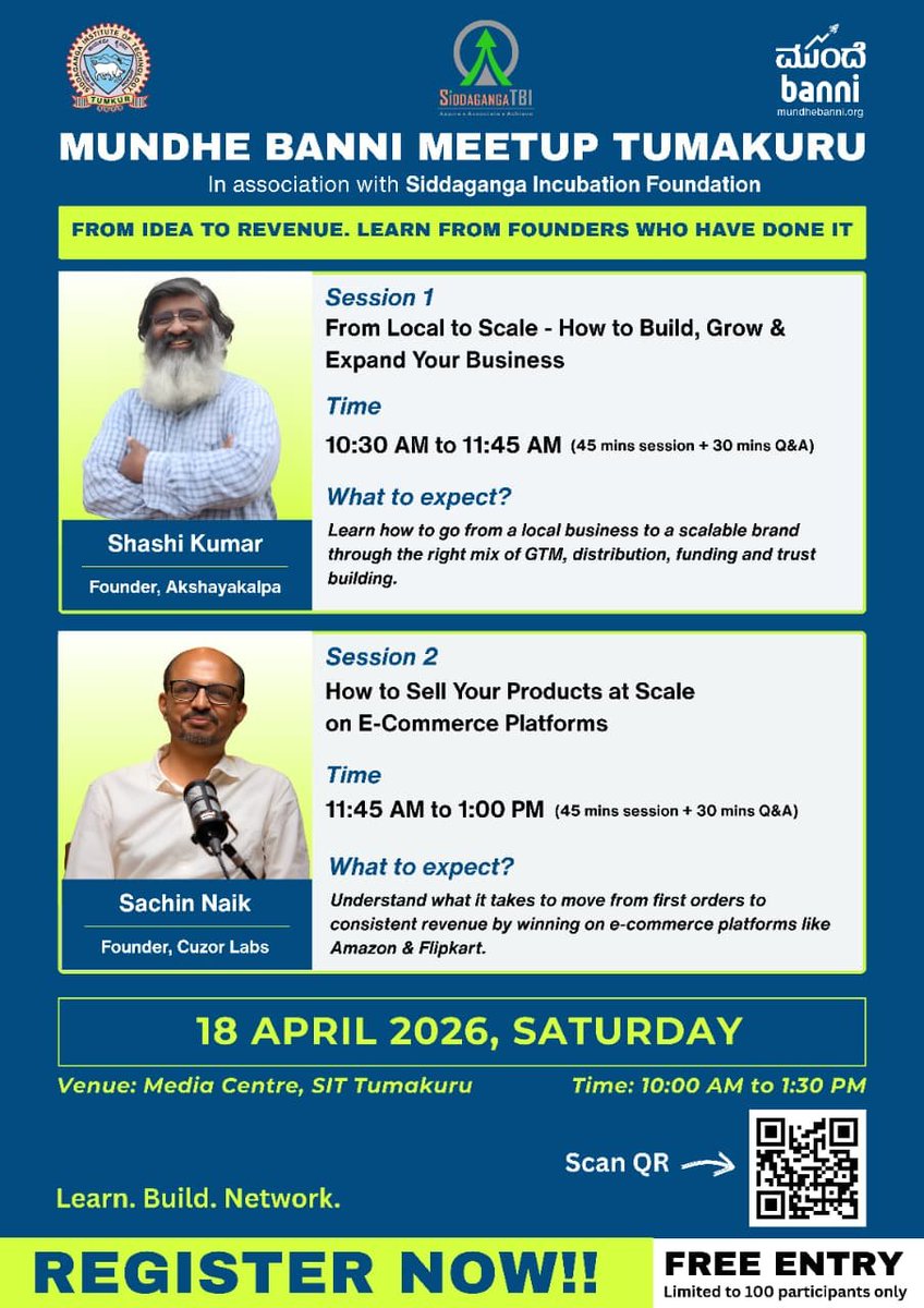 vasantshetty81's tweet photo. Our next @mundhebanni meetup is happening at SIT Tumkur, in association with the Siddaganga Incubation Foundation on the 18th April, Saturday from 10am to 1pm.

@thiruka, founder of Akshayakalpa Organics, and @sachindn, founder of Cuzor Labs, will be joining us to take a session each in Kannada.

Shashi sir will speak about what it truly takes to build and scale a local business into a strong brand without compromising on values. He has demonstrated what patience and absolute resolve can achieve with Akshayakalpa, and I am really looking forward to his session.

Sachin Naik is building a deep tech hardware startup, and his consumer products are beating Chinese competition on e commerce platforms like Amazon. It is a true ground up, Make in India success story. He will speak about how to move from first orders to consistent revenue by winning on platforms like Amazon and Flipkart.

This is a great opportunity for business owners, startup founders, and students in and around Tumkur who are keen to pursue entrepreneurship and learn from two thoughtful leaders.

Entry is free. Registrations are limited to 100 participants.

Register here 👇
https://t.co/wvAE8lBSNv

Please retweet and help this reach the right people 🙏