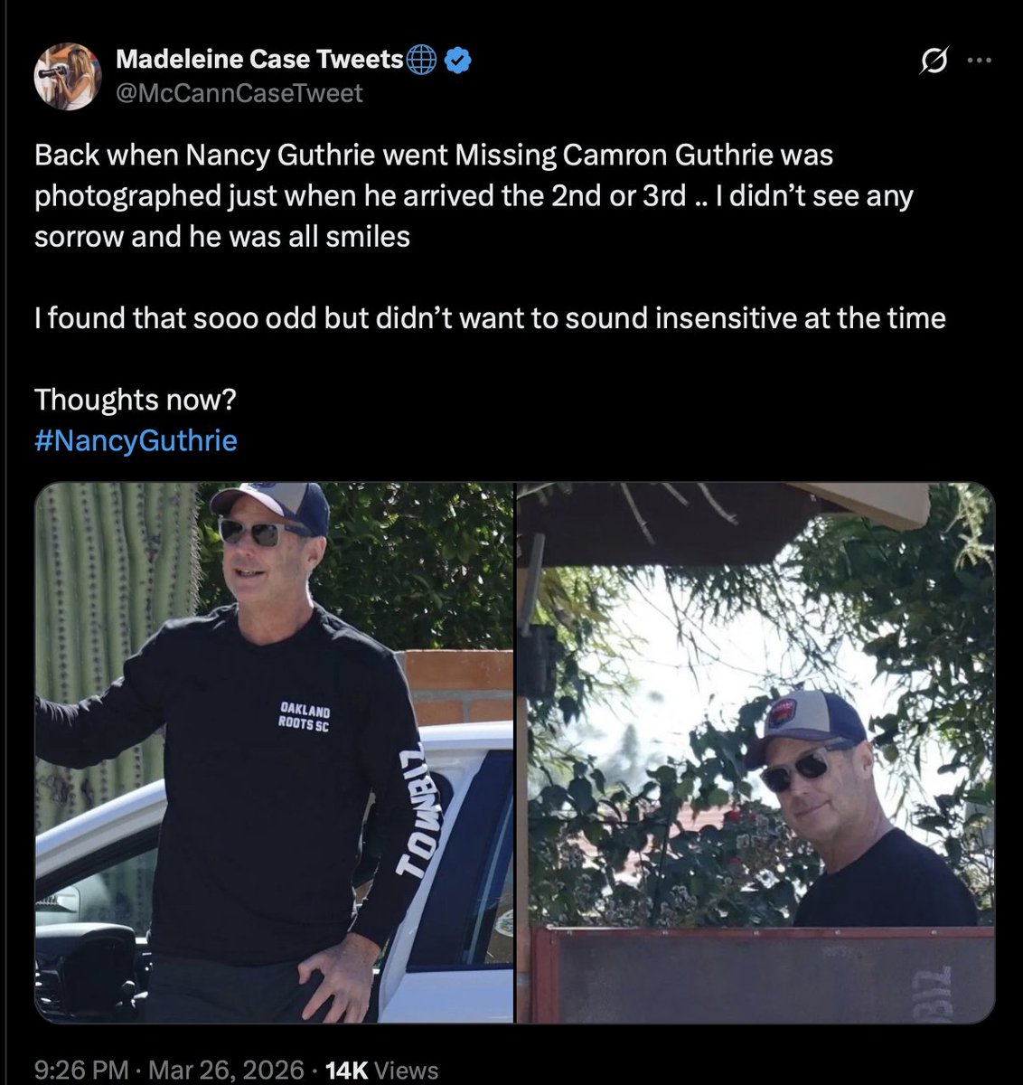 RebeccaLAnders's tweet image. He was in front of Nancy's house 1st day said he was a neighbor &amp;amp; brothe inlaw did it. Next time he said he lived 15 miles away! #Trumpbot cmtsoff
&amp;amp; @MadeleineMcCann  anti parent bot. 
Did Epstein take Madeline? 
Who took Nancy? @coffindafferfbi @Savannahguthrie @CameronGuthrie