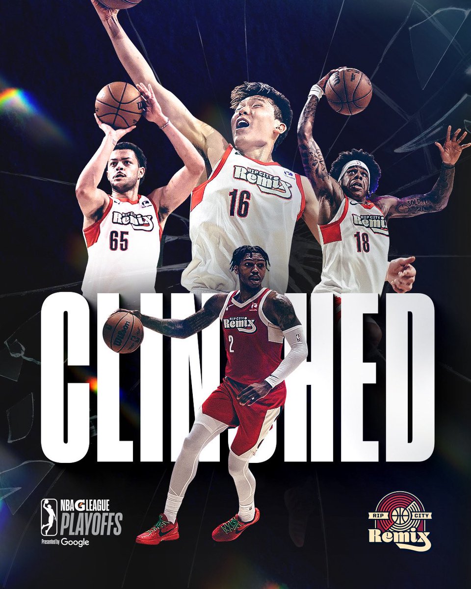 nbagleague's tweet photo. Caleb Love, Yang Hansen, and the @ripcityremix have officially secured their spot in the G League Playoffs presented by @google for the first time in franchise history! 🏆 https://t.co/dgKVmIMqqu