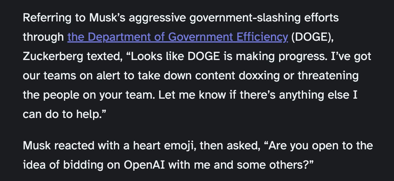 Mark Zuckerberg texted Elon Musk to offer help with DOGE https://t.co/azgTE3tuky https://t.co/Cq0tbc3qie