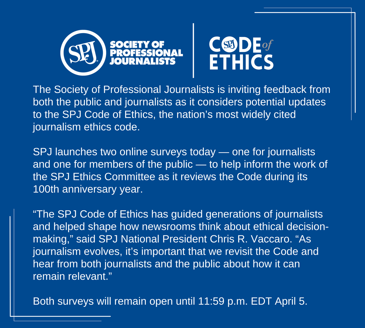 spj_tweets's tweet photo. The SPJ Ethics Committee is reviewing potential updates to the Code of Ethics and needs your input through two surveys! 📝

• One for journalists: https://t.co/KYpksxShAt
• One for the public: https://t.co/N8ePTwdhOI

⏰Both surveys close 11:59 p.m. EDT Sunday. https://t.co/q9KxDjEjR7