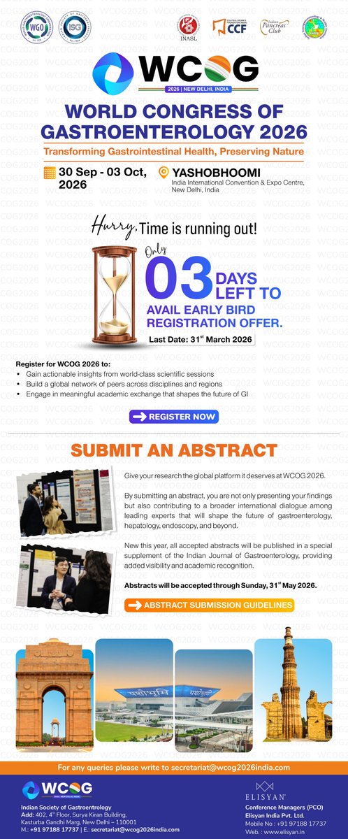OfIndian23065's tweet photo. Early Bird Offer – Only 3 Days Left! Last date for early bird registration is March 31, 2026. Visit: https://wcog2026india.comFor any queries related to WCOG 2026, please write to the Conference Secretariat at: secretariat@wcog2026india.com https://t.co/3aecNMjQMh