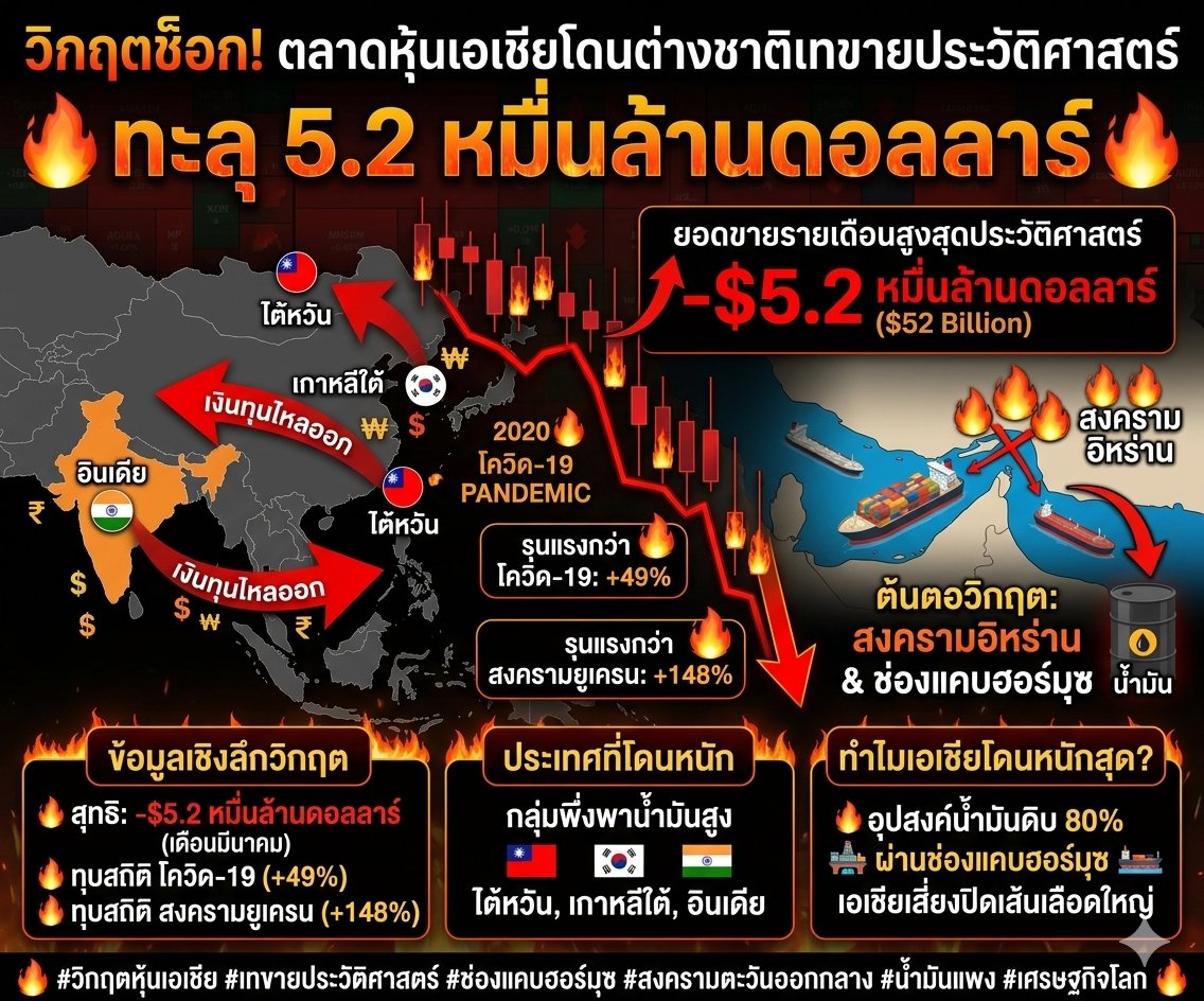 kun_purich's tweet photo. 🚨 ช็อกตลาดทุนเอเชีย! ทุนต่างชาติหนีตาย เทขายหุ้นทำสถิติสูงสุดเป็นประวัติการณ์ทะลุ 5.2 หมื่นล้านดอลลาร์ เซ่นพิษ "สงครามอิหร่าน"
เกิดปรากฏการณ์ "แผ่นดินไหว" ครั้งใหญ่ในตลาดทุนฝั่งเอเชีย! ข้อมูลล่าสุดเผยให้เห็นถึงภาวะตื่นตระหนกขั้นสุดยอดของนักลงทุนต่างชาติ ที่พากันเทขายหุ้นในกลุ่มประเทศตลาดเกิดใหม่ในเอเชีย (Emerging Markets) ไม่รวมจีน ด้วยมูลค่ามหาศาลถึง -52,000 ล้านดอลลาร์สหรัฐฯ ภายในเดือนมีนาคมเพียงเดือนเดียวเท่านั้น ซึ่งนี่ถือเป็นการดึงเงินทุนออกรายเดือนที่รุนแรงและ "หนักหน่วงที่สุดในประวัติศาสตร์" ---
📊 สถิติใหม่ที่โลกต้องจารึก: ทุบสถิติโควิดและสงครามยูเครนกระจุย
จากกราฟของ Bloomberg จะเห็นแท่งสีแดงพุ่งทะลุดิ่งลงไปลึกสุดใจ สะท้อนให้เห็นว่าการเทขายครั้งนี้รุนแรงเหนือความคาดหมายและทำลายทุกสถิติวิกฤตการณ์ที่ผ่านมา:
 * รุนแรงกว่าวิกฤตโควิด-19 (ปี 2020): ยอดเทขายแซงหน้าระดับสูงสุดในช่วงการแพร่ระบาดใหญ่ไปถึง 49%
 * รุนแรงกว่าสงครามรัสเซีย-ยูเครน (มิ.ย. 2022): ทิ้งห่างตัวเลขเงินทุนไหลออกในช่วงเริ่มต้นสงครามยุโรปไปอย่างขาดลอยถึง 148%
🎯 เป้าหมายที่เจ็บหนักที่สุด: ไต้หวัน, เกาหลีใต้ และอินเดีย
พายุการเทขายครั้งนี้ไม่ได้พัดถล่มอย่างสุ่มสี่สุ่มห้า แต่กระแทกเข้าจุดตายของ 3 ยักษ์ใหญ่เศรษฐกิจเอเชีย ได้แก่ ไต้หวัน, เกาหลีใต้ และอินเดีย สาเหตุหลักไม่ใช่เพราะพื้นฐานบริษัทอ่อนแอ แต่เป็นเพราะทั้ง 3 ประเทศนี้มีบาดแผลฉกรรจ์ร่วมกัน นั่นคือ "การพึ่งพาการนำเข้าน้ำมันอย่างมหาศาล" ---
🔍 วิเคราะห์เจาะลึก (In-Depth Analysis): ทำไมวิกฤตครั้งนี้ถึงสะเทือนเอเชียหนักที่สุด?
การเทขายระดับปรากฏการณ์นี้ มีต้นตอหลักมาจากความตึงเครียดทางภูมิรัฐศาสตร์ขั้นวิกฤตของ "สงครามอิหร่าน" ซึ่งส่งผลกระทบเป็นโดมิโนดังนี้:
 * จุดสลบ "ช่องแคบฮอร์มุซ" (The Strait of Hormuz Chokepoint): ช่องแคบนี้คือเส้นเลือดใหญ่ของการค้าน้ำมันโลก และตัวเลขที่น่าตกใจคือ อุปสงค์น้ำมันดิบกว่า 80% ที่ไหลผ่านช่องแคบแห่งนี้ มีปลายทางอยู่ที่เศรษฐกิจเอเชีย เมื่อเกิดสงครามที่มีอิหร่านเป็นศูนย์กลาง ความเสี่ยงในการปิดช่องแคบหรือการหยุดชะงักของการขนส่งจึงพุ่งปรี๊ด ส่งผลให้เอเชียกลายเป็นภูมิภาคที่รับแรงกระแทกจากสงครามนี้ไปเต็มๆ
 * วิกฤตต้นทุนพลังงานพุ่ง (Energy Deficit Vulnerability): ไต้หวันและเกาหลีใต้เป็นศูนย์กลางการผลิตและเทคโนโลยีระดับโลกที่ต้องใช้พลังงานสูงมาก ส่วนอินเดียก็กำลังขยายตัวทางเศรษฐกิจอย่างก้าวกระโดด การที่ราคาน้ำมันมีแนวโน้มพุ่งทะยานจากสงคราม จะเข้าไปกัดกินอัตรากำไร (Margin) ของภาคธุรกิจ และกระตุ้นตัวเลขเงินเฟ้อในประเทศให้พุ่งสูงขึ้นอย่างหลีกเลี่ยงไม่ได้
 * ภาวะเงินทุนหนีตาย (Capital Flight to Safe Havens): เมื่อความเสี่ยงด้านต้นทุนพลังงานและสงครามพุ่งสูงปรี๊ด นักลงทุนสถาบันต่างชาติจึงจำเป็นต้องลดความเสี่ยง (De-risking) โดยการเทขายสินทรัพย์เสี่ยงในเอเชียอย่างรวดเร็ว และดึงเงินกลับไปถือครองสินทรัพย์ปลอดภัย (Safe Havens) เช่น เงินดอลลาร์สหรัฐฯ หรือทองคำ ส่งผลให้ค่าเงินในเอเชียมีแนวโน้มอ่อนค่าลง ซ้ำเติมต้นทุนการนำเข้าน้ำมันให้แพงขึ้นไปอีกระลอก
สถานการณ์นี้เป็นตัวตอกย้ำว่า แม้ตลาดเอเชียจะมีการเติบโตที่น่าสนใจ แต่ความเปราะบางด้านความมั่นคงทางพลังงานยังคงเป็น "ส้นเท้าอคิลลีส" (Achilles' heel) ที่ทำให้นักลงทุนพร้อมจะหนีทันทีเมื่อเกิดวิกฤตในตะวันออกกลาง
#วิกฤตหุ้นเอเชีย #เทขายหุ้น #สงครามอิหร่าน #เศรษฐกิจโลก #ตลาดทุน #ช่องแคบฮอร์มุซ #EmergingMarkets #AsiaSelloff