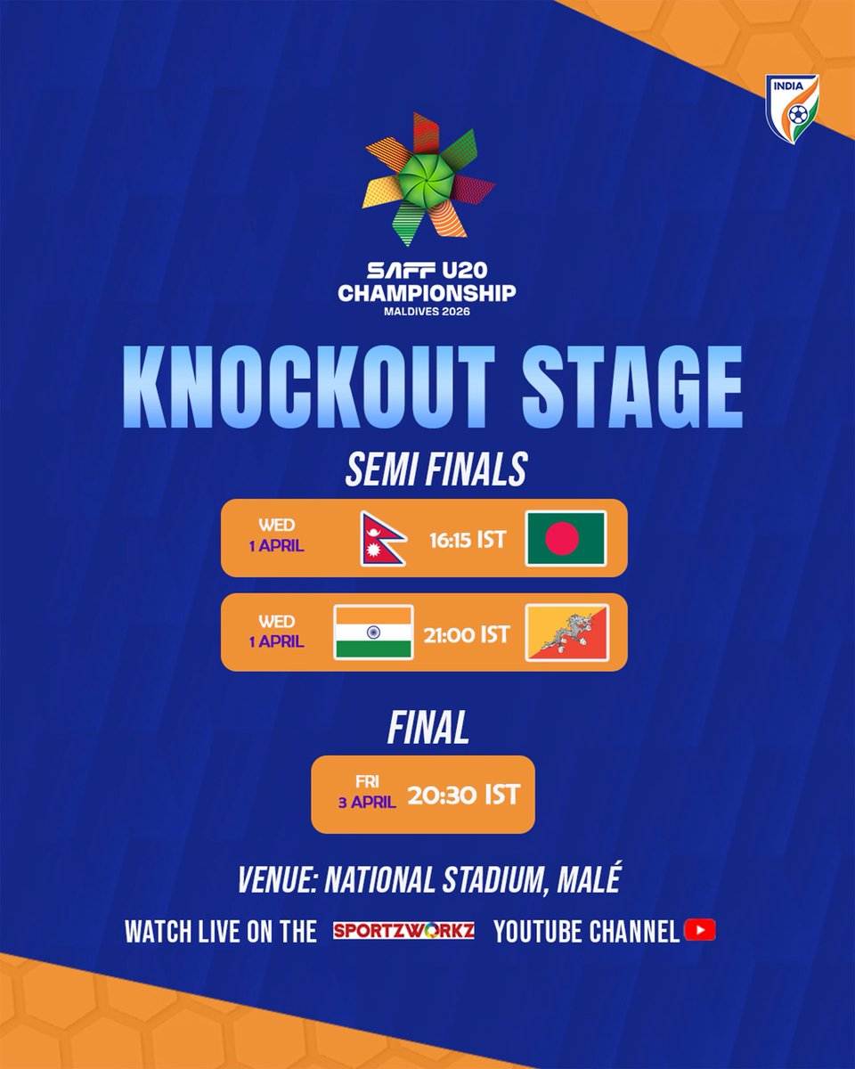 NESports1234's tweet photo. SEMI-FINAL LOCKED ๐ฎ๐ณ
BlueColts ready to clash with Bhutan in #U20SAFF2026 ๐ฎ๐ณ๐ง๐น on Wednesdayโ
#IndianFootball #BlueColts #SAFFU20 #INDvBHU #FootballFever #SportsIndia https://t.co/9qn5JEmbl5