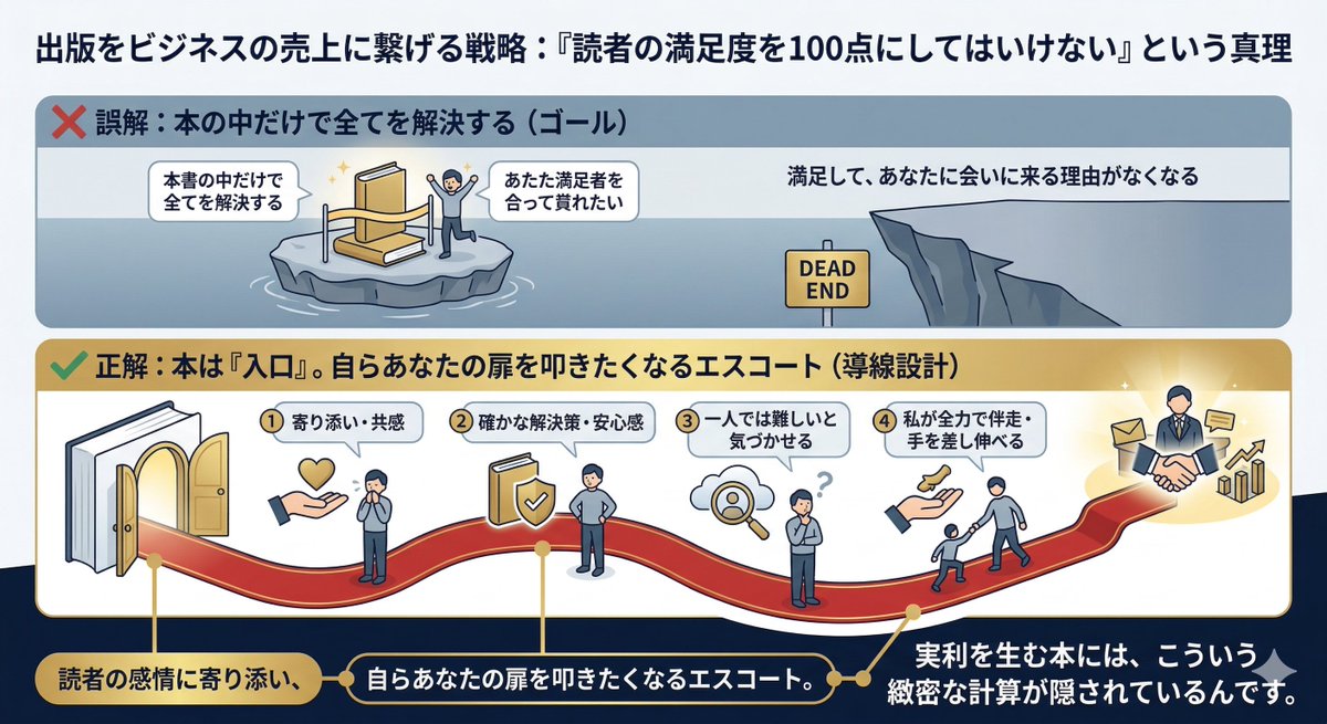 出版をビジネスの売上に繋げたいなら、「読者の満足度を100点にしてはいけない」という、ちょっと意地悪だけど大切な真理があります。

本の中だけで全ての悩みを解決してしまうと、読者は「ありがとう」と満足して、あなたに会いに来る理由がなくなってしまうから。