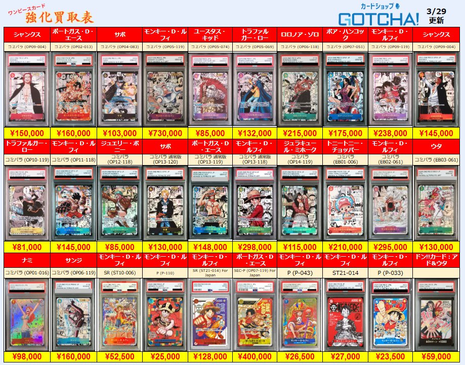 3/29更新 🚢ワンピースカードゲーム🌊🔱 🏴‍☠️【PSA10 強化買取表