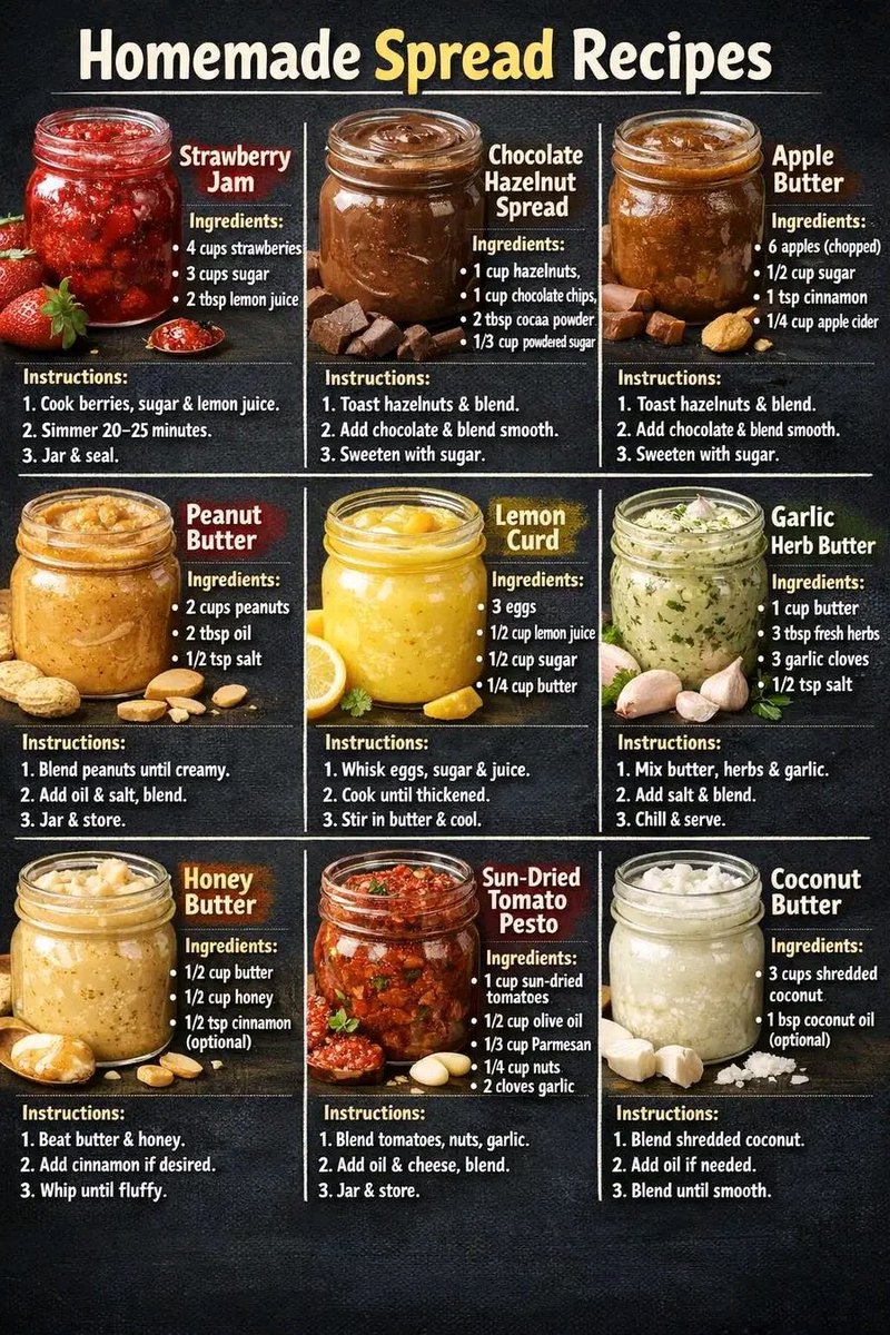 Fresh_Cure's tweet photo. 1. Strawberry Jam

Ingredients:
 • 4 cups strawberries (chopped)
 • 3 cups sugar
 • 2 tbsp lemon juice

Instructions:
 1. Add strawberries, sugar, and lemon juice to a pan.
 2. Cook on medium heat, stirring often.
 3. Simmer for 20–25 minutes until thick.
 4. Let cool, then store in a jar.

2. Chocolate Hazelnut Spread

Ingredients:
 • 1 cup hazelnuts
 • 1 cup chocolate chips
 • 2 tbsp cocoa powder
 • 1/3 cup powdered sugar

Instructions:
 1. Toast hazelnuts and remove skins.
 2. Blend until smooth.
 3. Add chocolate and cocoa powder, blend again.
 4. Mix in sugar and blend until creamy.

3. Apple Butter

Ingredients:
 • 6 apples (peeled, chopped)
 • 1/2 cup sugar
 • 1 tsp cinnamon
 • 1/4 cup apple cider

Instructions:
 1. Cook apples and cider until soft.
 2. Blend into a smooth puree.
 3. Add sugar and cinnamon.
 4. Simmer until thick and dark.

4. Peanut Butter

Ingredients:
 • 2 cups peanuts
 • 2 tbsp oil
 • 1/2 tsp salt

Instructions:
 1. Roast peanuts (if not roasted).
 2. Blend until smooth.
 3. Add oil and salt.
 4. Blend again until creamy.

5. Lemon Curd

Ingredients:
 • 3 eggs
 • 1/2 cup lemon juice
 • 1/2 cup sugar
 • 1/4 cup butter

Instructions:
 1. Whisk eggs, sugar, and lemon juice.
 2. Cook on low heat, stirring constantly.
 3. When thick, add butter.
 4. Stir until smooth and cool.

6. Garlic Herb Butter

Ingredients:
 • 1 cup butter (softened)
 • 3 tbsp fresh herbs
 • 3 garlic cloves (minced)
 • 1/2 tsp salt

Instructions:
 1. Mix butter, garlic, and herbs.
 2. Add salt and combine well.
 3. Chill in the fridge before use.

7. Honey Butter

Ingredients:
 • 1/2 cup butter
 • 1/2 cup honey
 • 1/2 tsp cinnamon (optional)

Instructions:
 1. Beat butter until fluffy.
 2. Add honey and mix well.
 3. Add cinnamon if desired.
 4. Whip until smooth and creamy.

8. Sun-Dried Tomato Pesto

Ingredients:
 • 1 cup sun-dried tomatoes
 • 1/2 cup olive oil
 • 1/3 cup Parmesan cheese
 • 1/4 cup nuts (pine nuts/cashews)
 • 2 garlic cloves

Instructions:
 1. Blend tomatoes, garlic, and nuts.
 2. Add olive oil slowly while blending.
 3. Add cheese and blend until smooth.
 4. Store in a jar and refrigerate.

9. Coconut Butter

Ingredients:
 • 3 cups shredded coconut
 • 1 tbsp coconut oil (optional)

Instructions:
 1. Blend shredded coconut for several minutes.
 2. Scrape sides and continue blending.
 3. Add oil if needed.
 4. Blend until smooth and creamy.