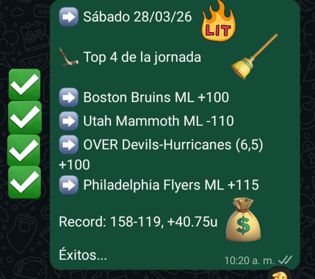 #NHL Resumen 28/03/26

🏒 Bruins ML +100 ✅
🏒 Mammoth ML -110 ✅
🏒 OVER Devils-Hurricanes (6,5) +100 ✅
🏒 Flyers ML +115 ✅

HUBOOO BARRIDA en el hielo para los afiliados: Dupleta cuota +281 💰💰 + Complemento +4.15u 💰💰 BOOM 🔥

Asesorate por el +584121493346

#Icebreaker 🔨