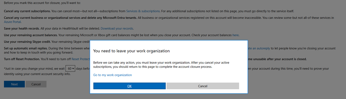 digital_lynk's tweet photo. I am trying to delete an Azure account and can't seem to get past the loop: ".... can’t leave or delete the tenant because I’m the only admin and it contains non-removable system components...." any advice, anybody? 😰 https://t.co/JTqOWYHWXI