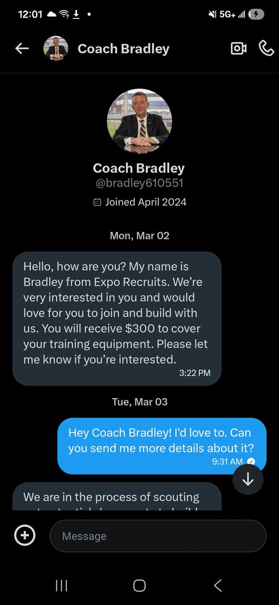 cartermays44's tweet photo. @BrianBroadusII @ExpoRecruits Not sure why but there's so many fake coaches saying they are apart of Expo Recruits. They send around the same message and ive gotten so many of these. https://t.co/C6a473b3tV