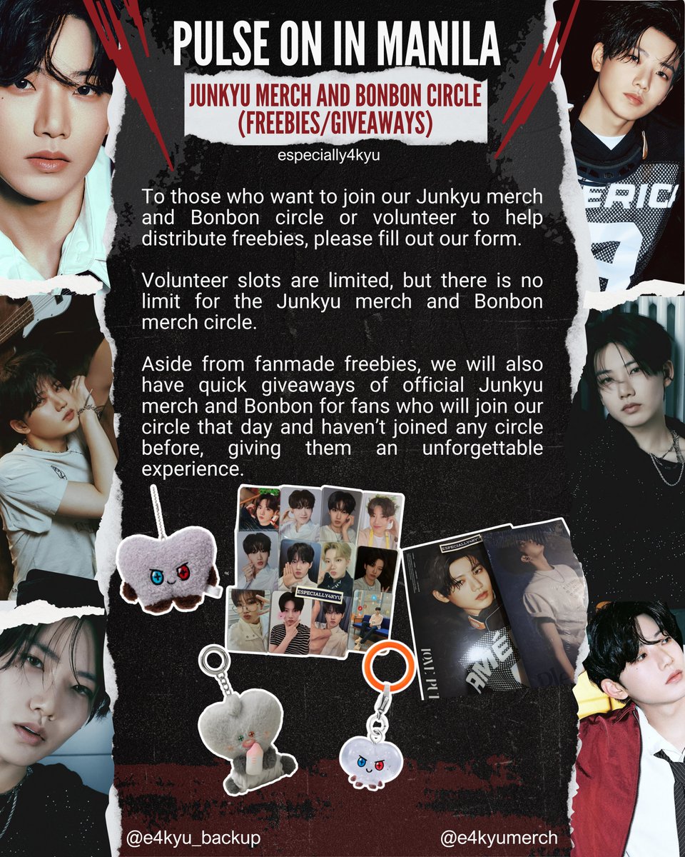 KYUHI! If you want to join our #JUNKYU merch and Bonbon circle or volunteer to help distribute freebies, please fill out our form.

Volunteer slots are limited, but no limit for the Junkyu merch and Bonbon circle. ❤️😉 

Form: tinyurl.com/E4KYUJUNKYUCIR…

#PULSE_ON_IN_MANILA