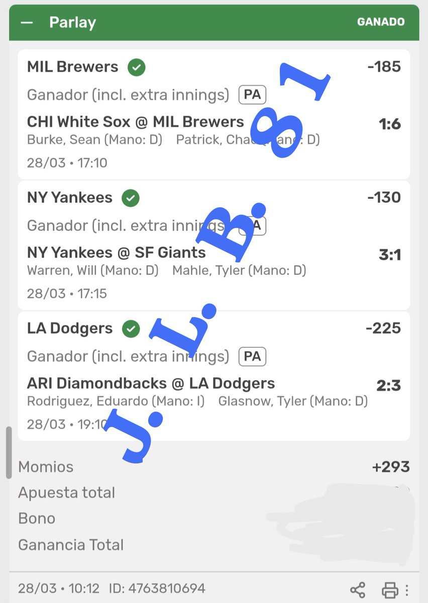 JuanLB81's tweet photo. GAD se gana el Triple 🙏🏼😎⚾⚾⚾ #MLB #ThisIsMyCrew #WhiteSox #RepBX #SFGiants #Dodgers #DodgersWin #Dbacks #Parley #Picks https://t.co/huw4WmtF1I