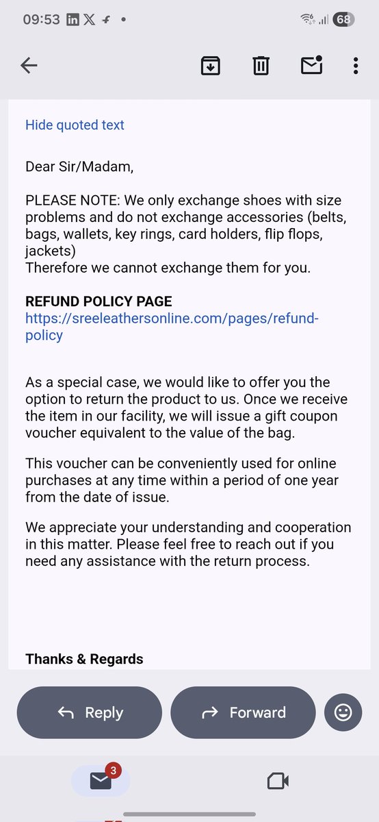 ajitdwivedy9's tweet photo. Don't buy @SreeleathersLtd online as they deliver defective product and force you to keep. They don't provide return or refund. They sell all damage stocks online to forcely clear there stocks and customer is making fool. #onlineshopping @consaff #sreeleathers https://t.co/Za4YYSsOTk