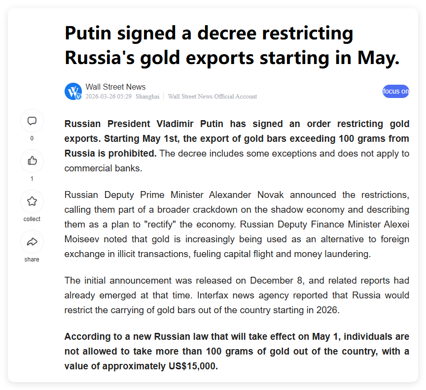 oriental_ghost's tweet photo. Breaking: Russia restricts gold exports from May 1st.
https://t.co/R74C2b5vSJ https://t.co/OrEer2Rr7Y