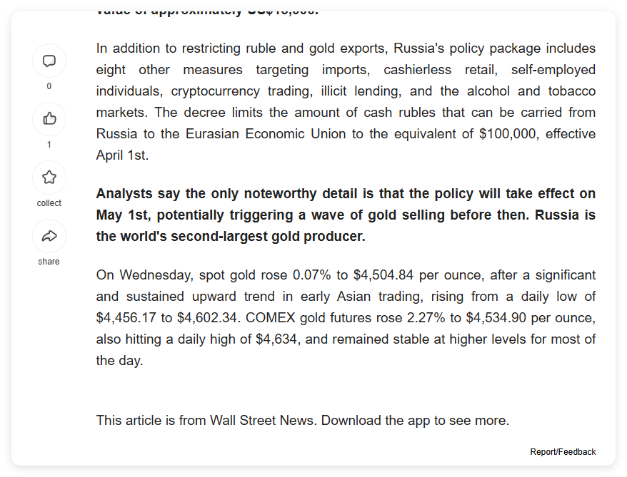 oriental_ghost's tweet photo. Breaking: Russia restricts gold exports from May 1st.
https://t.co/R74C2b5vSJ https://t.co/OrEer2Rr7Y