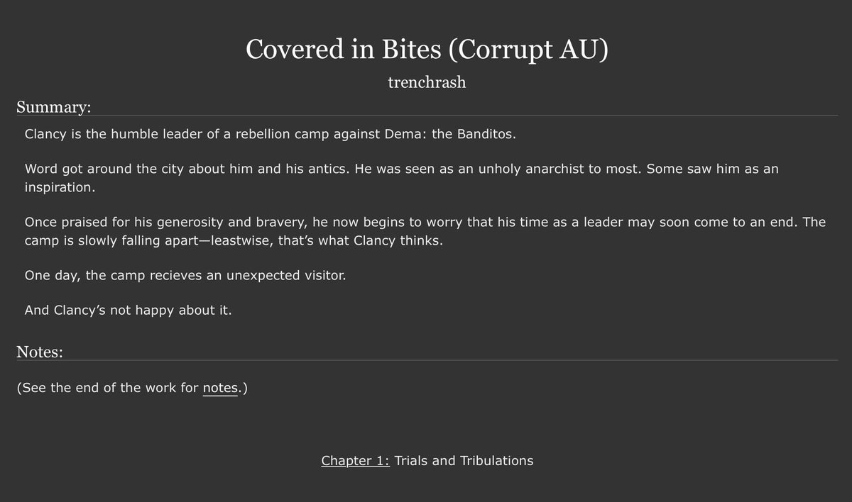 trenchrash's tweet photo. hello people of x. i am writing a fic based on my tøp corrupt au. chapter one is out. go read it if you want. #getlit
https://t.co/rjiOK4zzyd #cliqueart https://t.co/kvJ90iNlbd