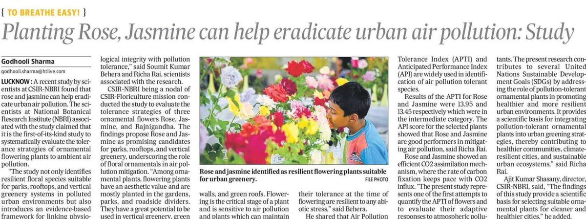 csirnbrilko's tweet photo. CSIR–NBRI in News 📰

Research by CSIR–NBRI highlights the potential of ornamental plants like rose and jasmine in mitigating urban air pollution, even as reports underline rising pollution and heavy metal presence in Lucknow’s air.

Courtesy: Hindustan Times & Amar Ujala

@akshasany
@DrJitendraSingh 
@htTweets 
@AmarUjalaNews 
@UPGovt @myogiadityanath