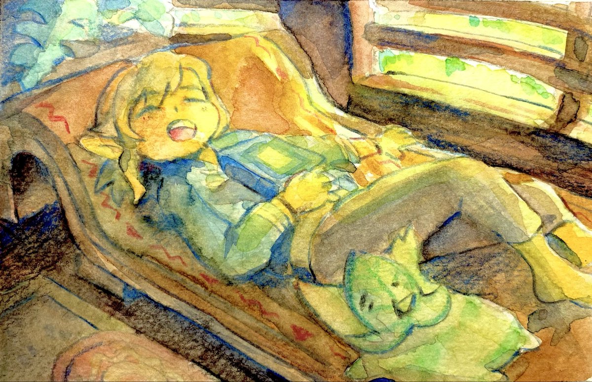 ウオトリー村のお宿でお昼寝してるリンクとコログ。透明水彩で描きました