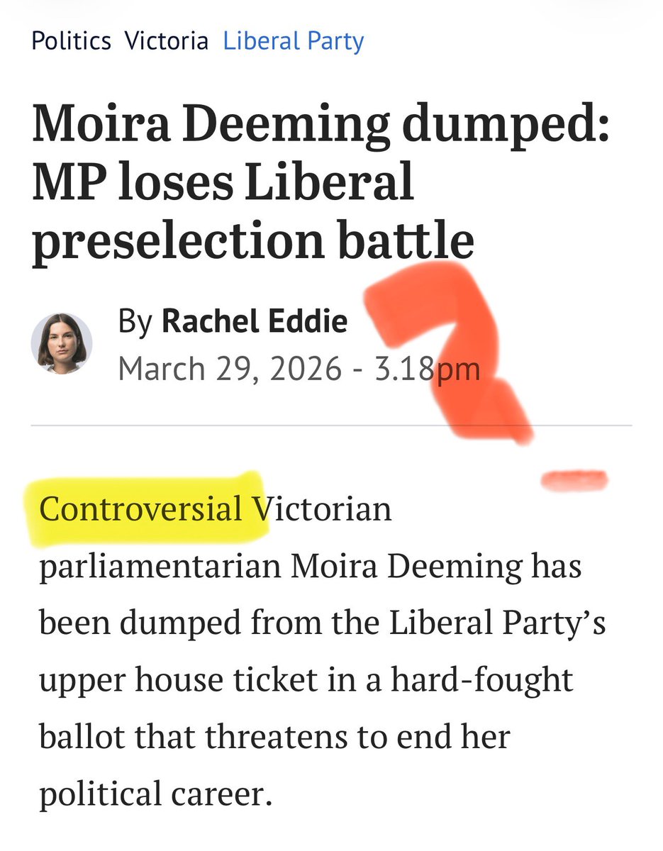 Controversial? Seriously?

Moira wasn’t the one fighting for the warped 🏳️‍🌈 idea that a woman can have a penis.

Tony Abbott was right. The Liberals have a death wish.

Moira, not the Liberals, will be the one to be found on the right side of history when this mad moment passes.