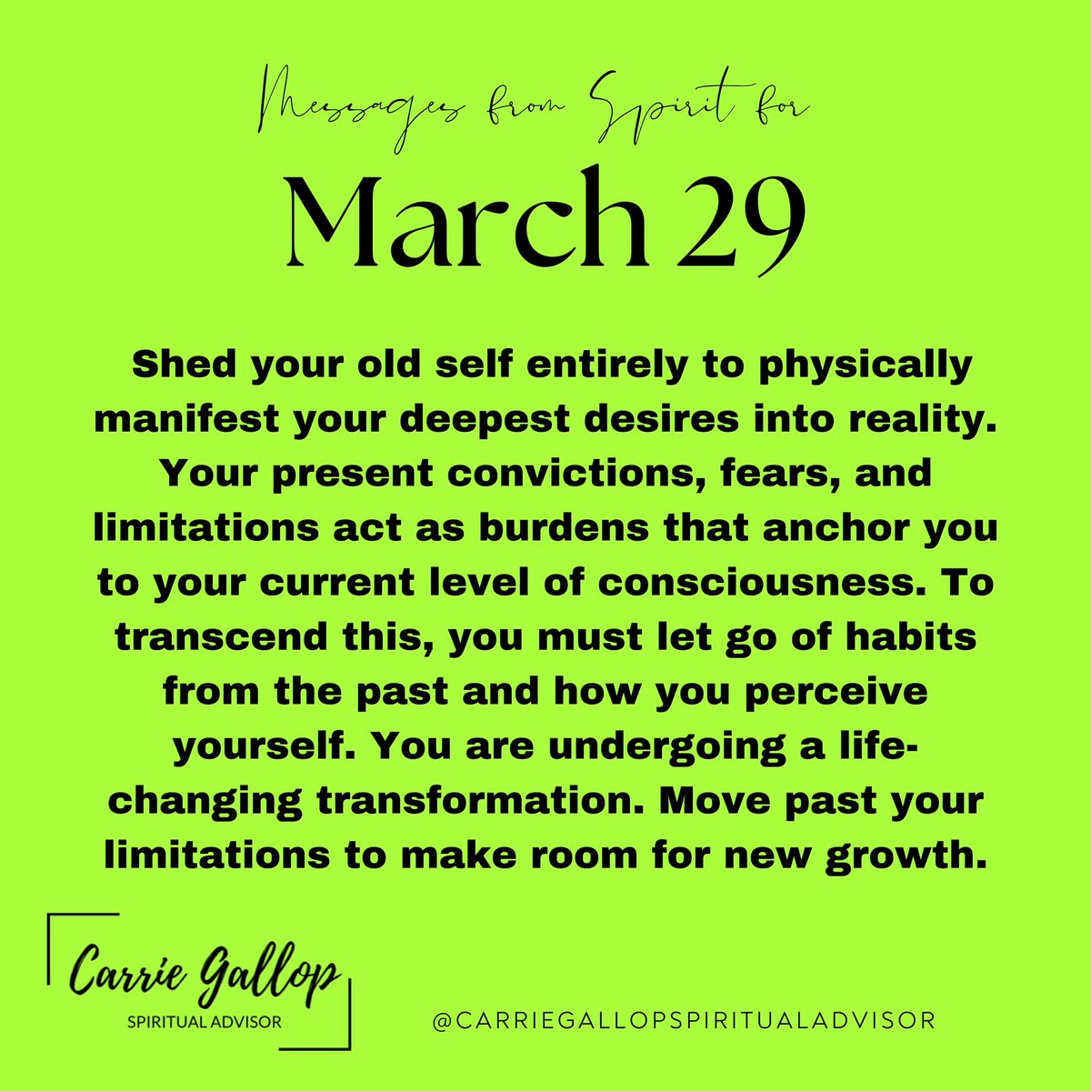 CarrieGallop's tweet photo. Messages From Spirit for March 29 ππβ¨
#Daily #Message #TranscendLimitations #Change #Manifest #DeepestDesires #Desires #Reality #Convictions #Fears #Limitations #Burdens #Anchor #HoldYouDown #Consciousness #Transcend #LetGo #Release #Habits #Beliefs #Perceptions #LifeChanging https://t.co/VrZFcMXWjo
