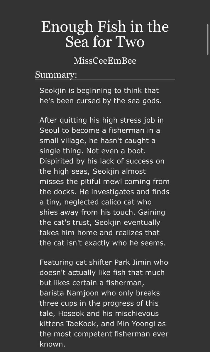 bangtanrarepair's tweet photo. 🐈‍⬛Enough Fish in the Sea for Two by @MissCeeBee7 

- Seaside themed (SWIM, SWIM); and BEAUTIFULLY written! Can actually help you take a few philosophical lessons :)
- catboy!Jimin / fisherman Jin
- so magical so soft so sweet 🥲and love this yoongi

https://t.co/ZzFRxEyXeE https://t.co/EikDeCNNrL