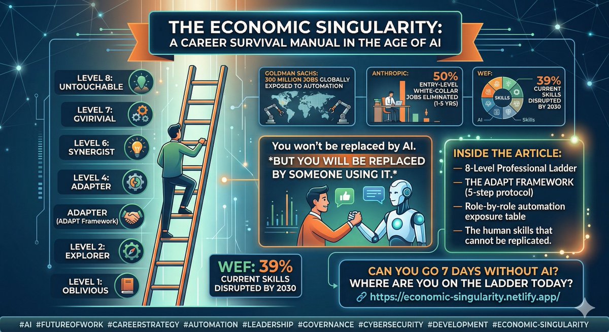 khnaveed's tweet photo. Most professionals are at Level 1 on the AI ladder.

They use ChatGPT occasionally. They tell colleagues "I use AI."

They produce zero measurable output improvement.

And they genuinely believe they are ahead.

That gap between perception and reality is where careers are quietly ending.

I spent days researching and building a comprehensive piece on the "Economic Singularity" — the moment we've crossed where economic output decouples from human labor.

Here's what the data says:

▸ Goldman Sachs: 300M+ jobs globally exposed to automation
▸ WEF 2025: 39% of skills disrupted by 2030, 41% of employers cutting workforce
▸ Anthropic CEO: 50% of entry-level white-collar jobs gone within 1–5 years
▸ McKinsey: 94% awareness, only 13% real daily deployment

The article includes:

— The 8-Level AI-First Career Ladder (from Oblivious → Untouchable)
— The ADAPT Framework: your 5-step survival protocol
— Role-by-role automation exposure matrix
— The Three-Tier Workforce model (Displaced / Augmented / Orchestrators)
— The 6 Human Primitives no algorithm can replicate

The hardest section to write?
The honest self-assessment.

Most of us are at Level 1 or 2.
Level 6 — the AI Governance Architect — is where cybersecurity and GRC professionals have an asymmetric advantage that almost no one is capitalizing on yet.

Full interactive article on LinkedIn 👇
https://t.co/rwP1luPQsB

OR directly from here: https://t.co/Ggs0XoUynt

Where are you on the ladder today?

#AI #FutureOfWork #Cybersecurity #AIGovernance #GRC #CareerStrategy #Automation #Leadership #EconomicSingularity #ADAPT